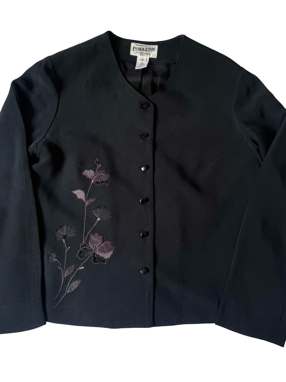 VTG Pendleton Women’s Black Silk Button Front Embroidered Floral Jacket Size PM